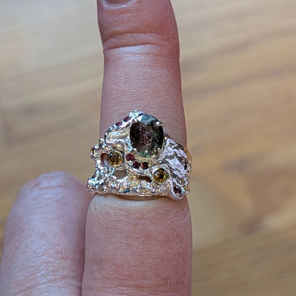 RING Watermelon Tourmaline with Rhodolite accents 925 Size 8
